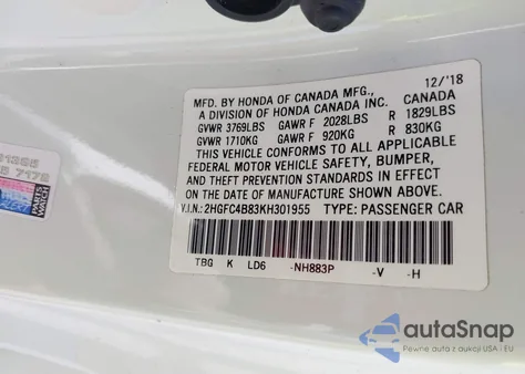 2019 Honda Civic Sport z USA, uszkodzony, nr VIN 2HGFC4B83KH301955